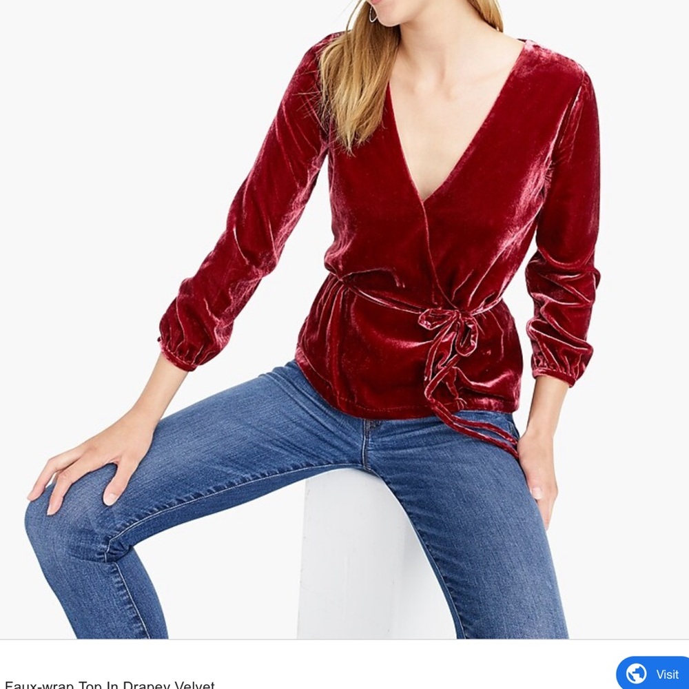 Faux wrap top in draped velvet.